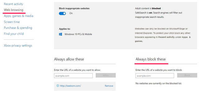Turning on Blocking inappropriate websites dialog in Windows 10
